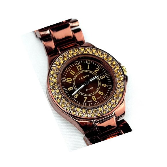 SCOOP Crystal Women's Wrist Watch Quartz Movement COPPER StainlessSteel Bracelet - Picture 1 of 4